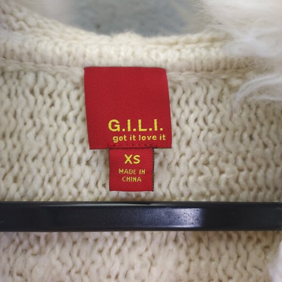 G.I.L.I. Cable Knit Sweater XS Faux Fur Hood Bell Sleeve Cream V-Neck Pullover - Picture 6 of 12